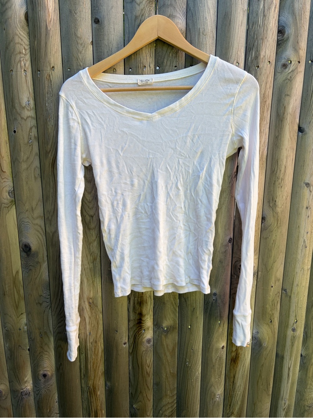 Brandy Melville Cream Ribbed V-Neck Long Sleeve Top